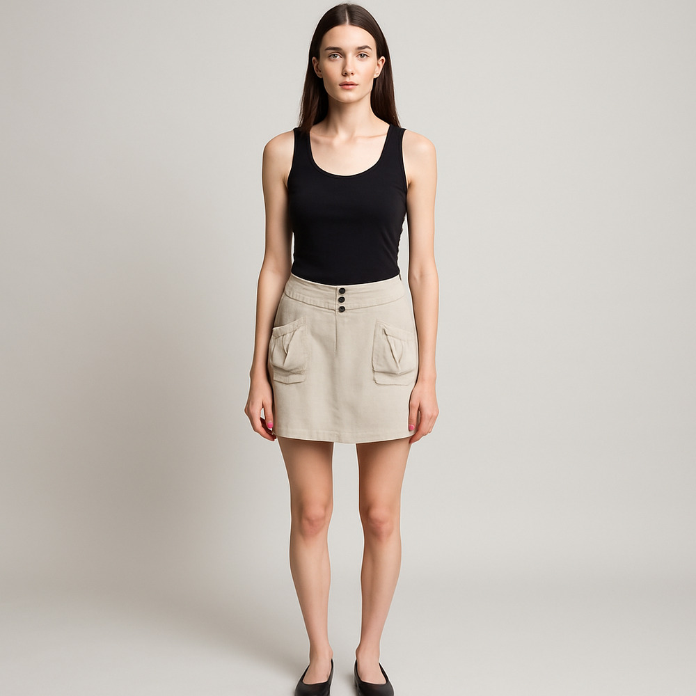 Beige Mini Skirt with Button Detail and Pockets Large